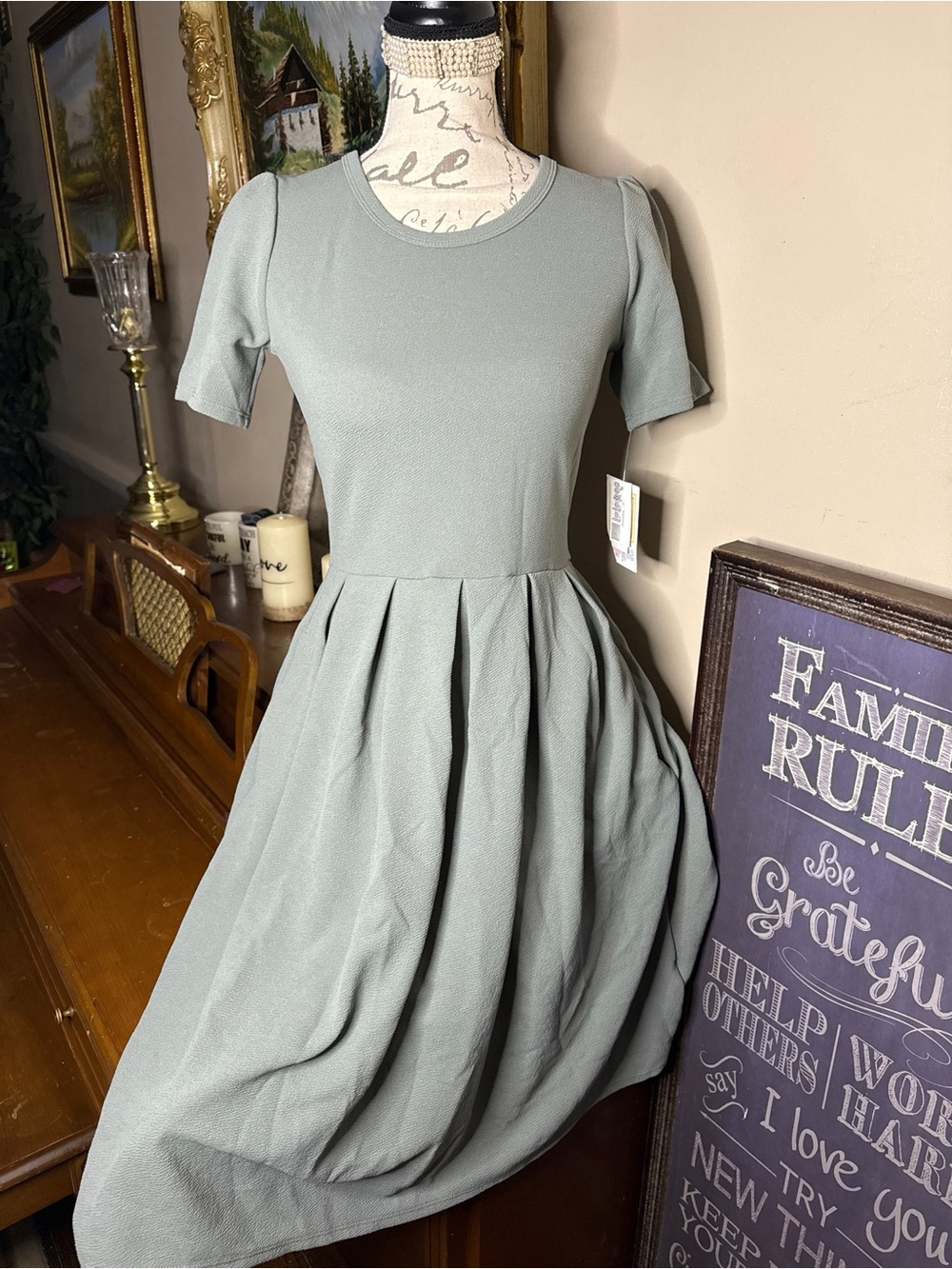 LuLaRoe Amelia Chic Dress - Classic Sage Green - Size S - NWT - Picture 2 of 2